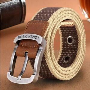 NWT Brown and Cream Canvas Men's Belt With Brushed Silver Tone Buckle 120 CM